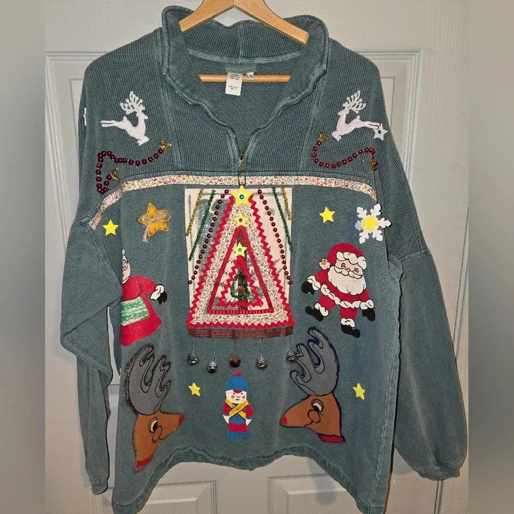1 of a Kind Custom Handmade Ugly Christmas Sweater Bells Santa Women's XL XXL 2X